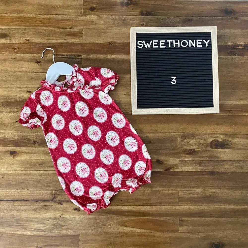 SweetHoney Red Floral Spring Lounger Romper - Sweet Pea Red Pink Floral Roses 3T